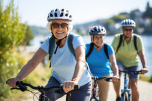 Small group of happy elderly people wearing cycling helmets - pulmonary rehabilitation
