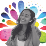 woman smiling listing to music with a rainbow pattern behind her